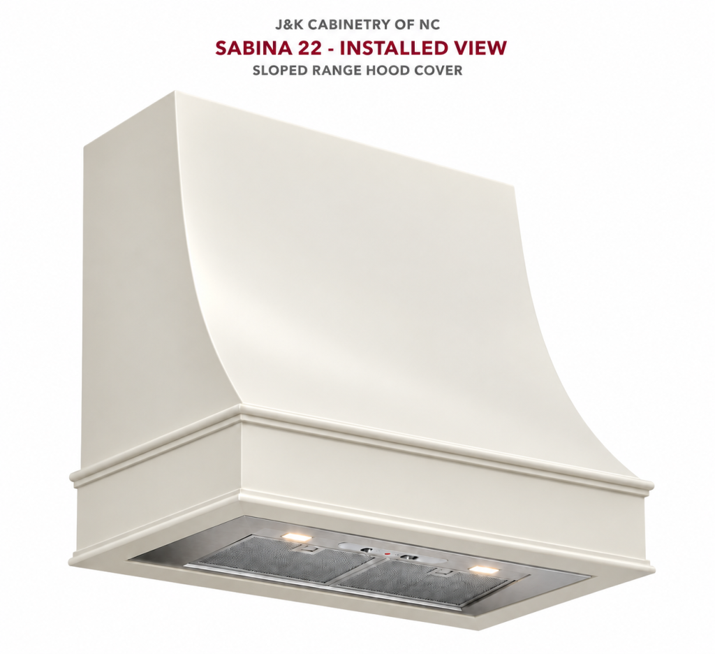 Sabina 22 sloped white range hood cover, installed view