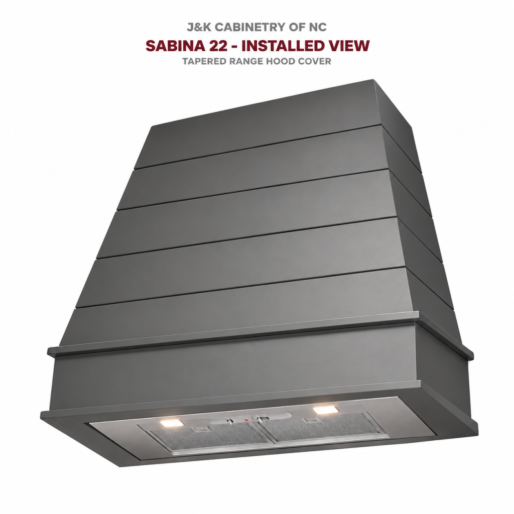 Sabina 22 tapered black range hood cover, installed view