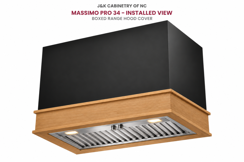 Massimo Pro 34 black boxed range hood cover with wood trim